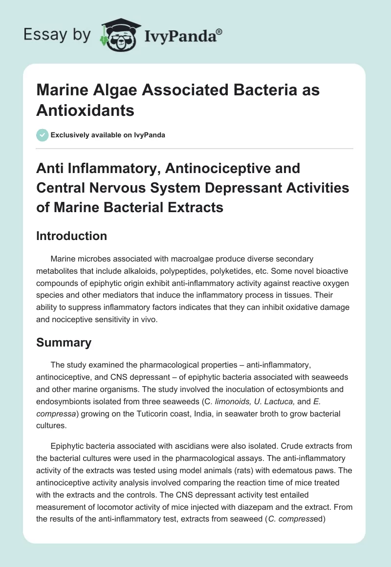 Marine Algae Associated Bacteria as Antioxidants. Page 1