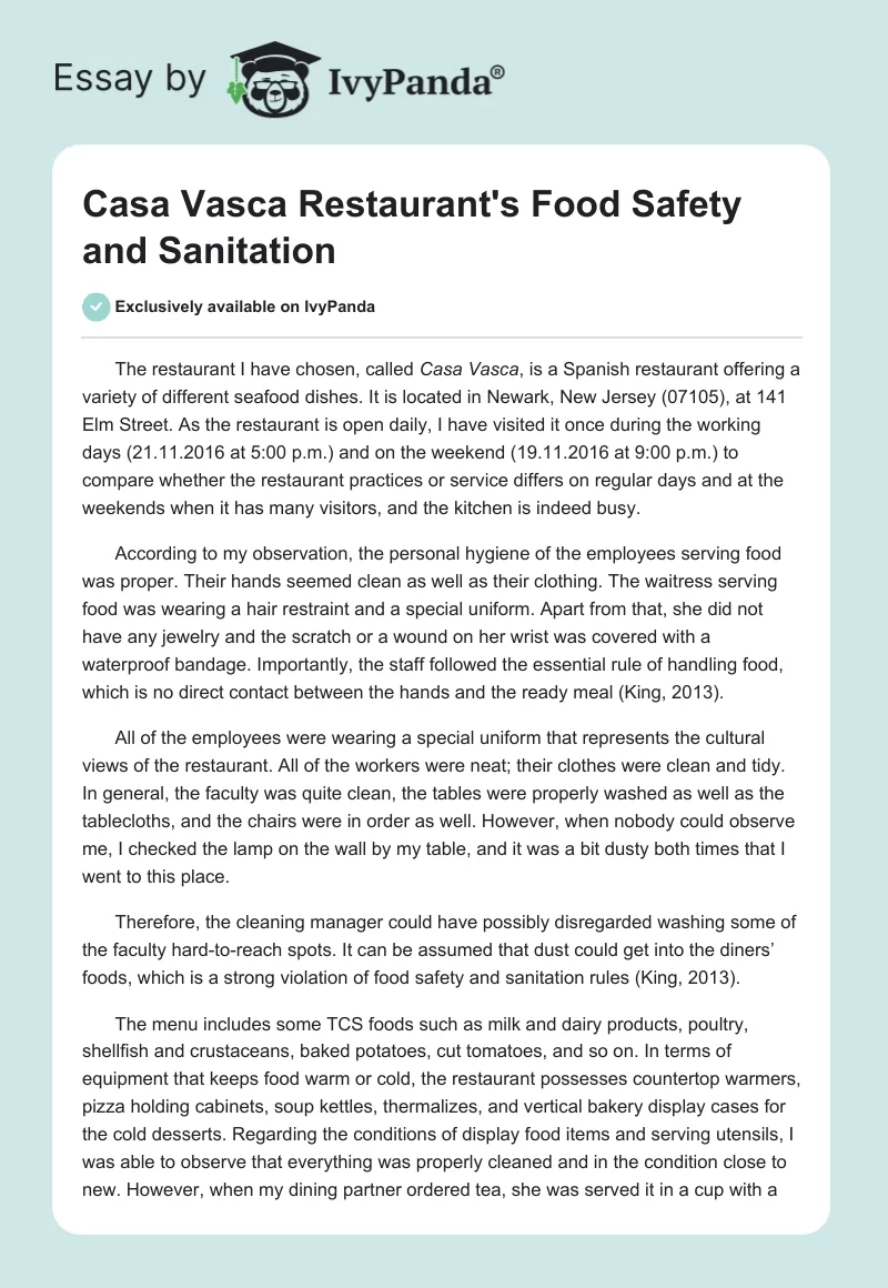 Casa Vasca Restaurant's Food Safety and Sanitation. Page 1