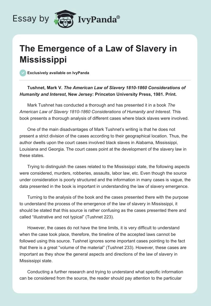 The Emergence of a Law of Slavery in Mississippi. Page 1