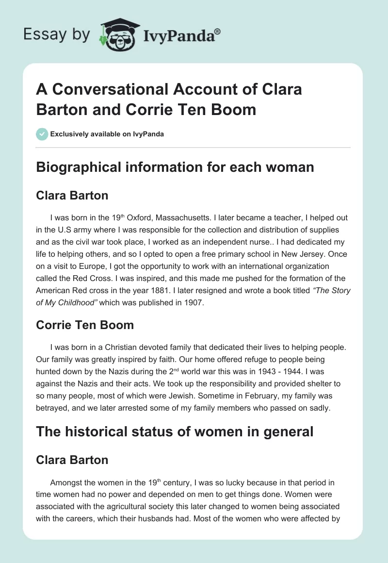 A Conversational Account of Clara Barton and Corrie Ten Boom. Page 1