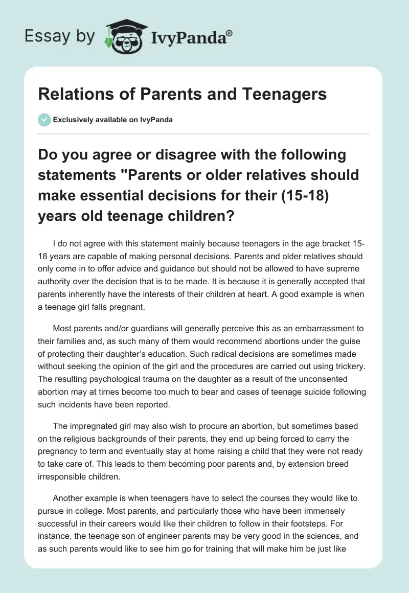 Relations of Parents and Teenagers. Page 1
