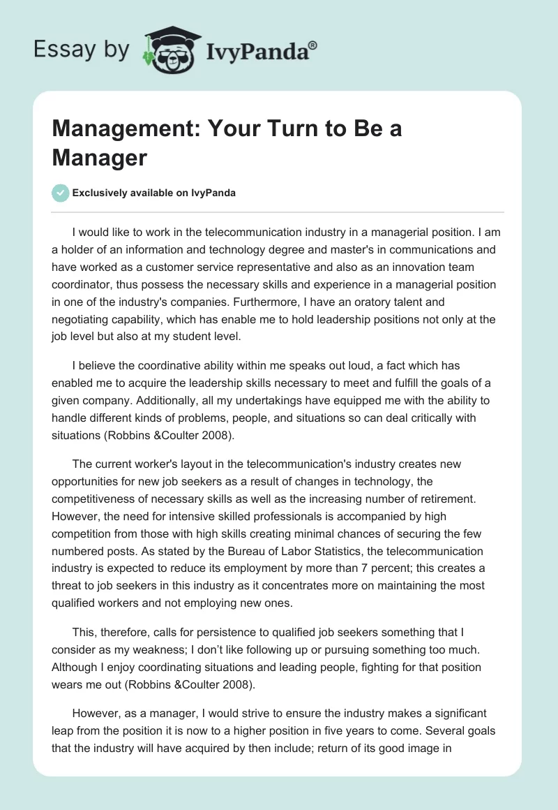 Management: Your Turn to Be a Manager. Page 1