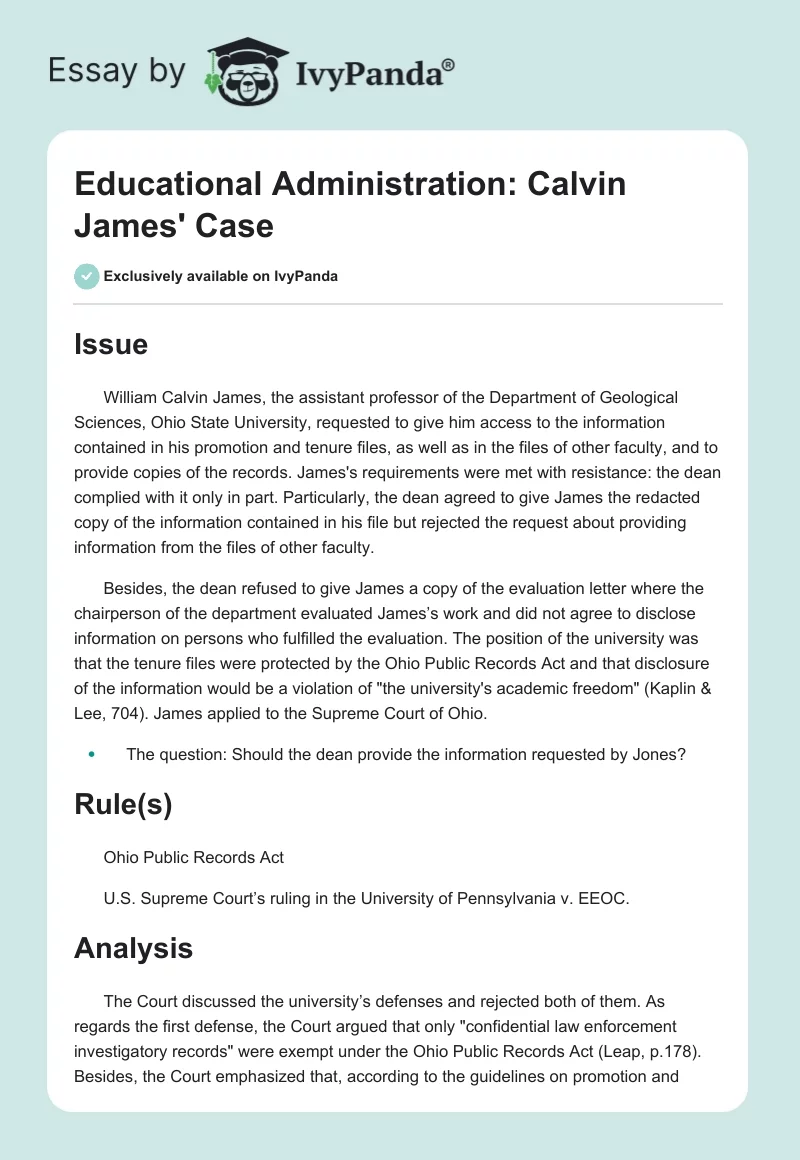 Educational Administration: Calvin James' Case. Page 1