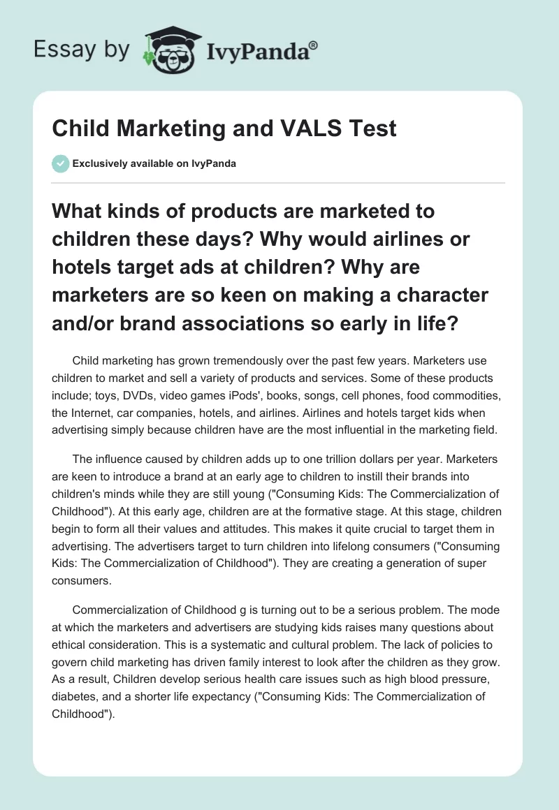 Child Marketing and VALS Test. Page 1