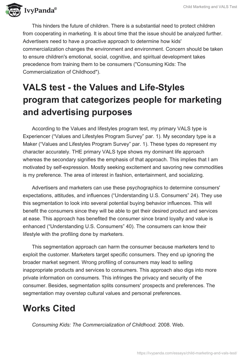 Child Marketing and VALS Test. Page 2