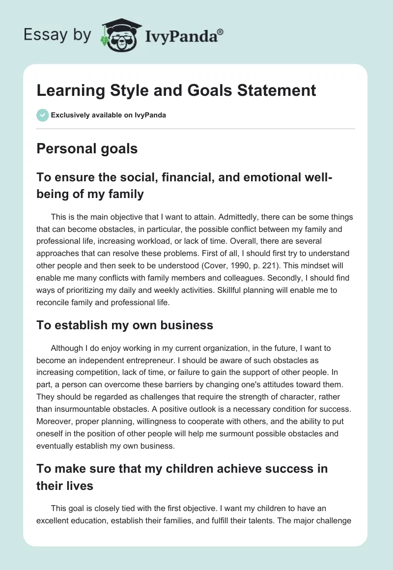Learning Style and Goals Statement. Page 1