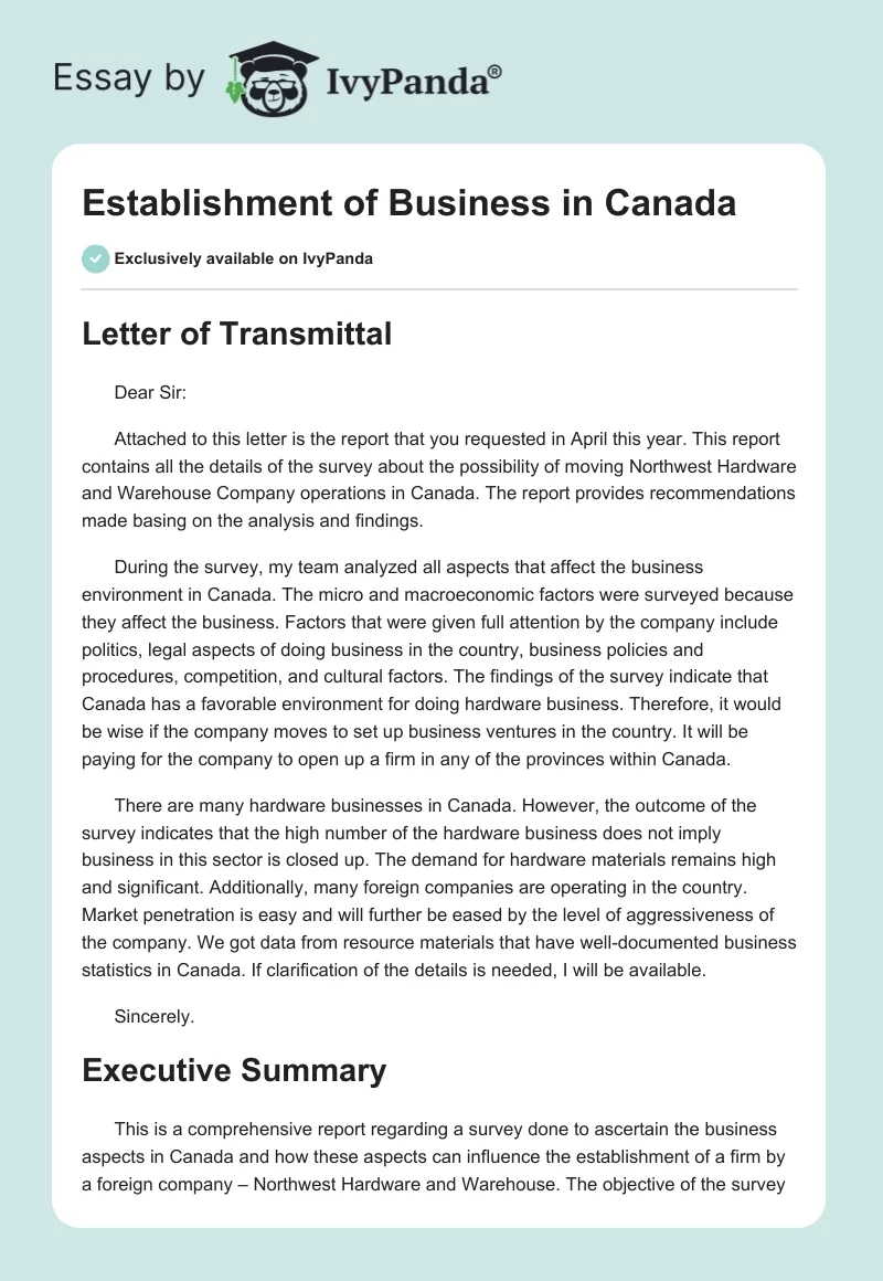 Establishment of Business in Canada. Page 1