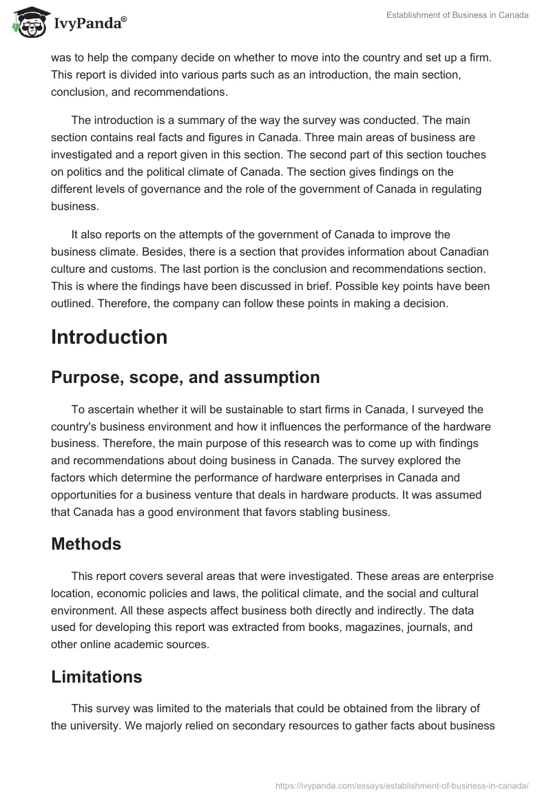 Establishment of Business in Canada. Page 2
