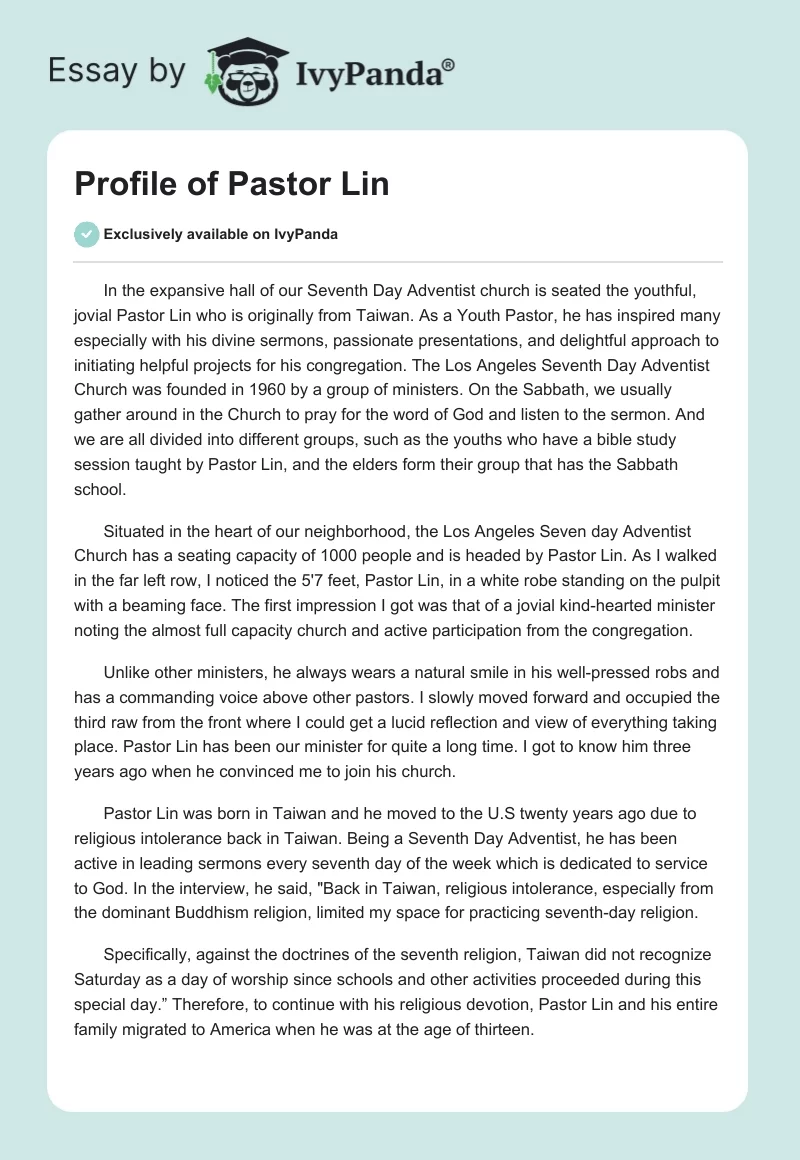 Profile of Pastor Lin. Page 1