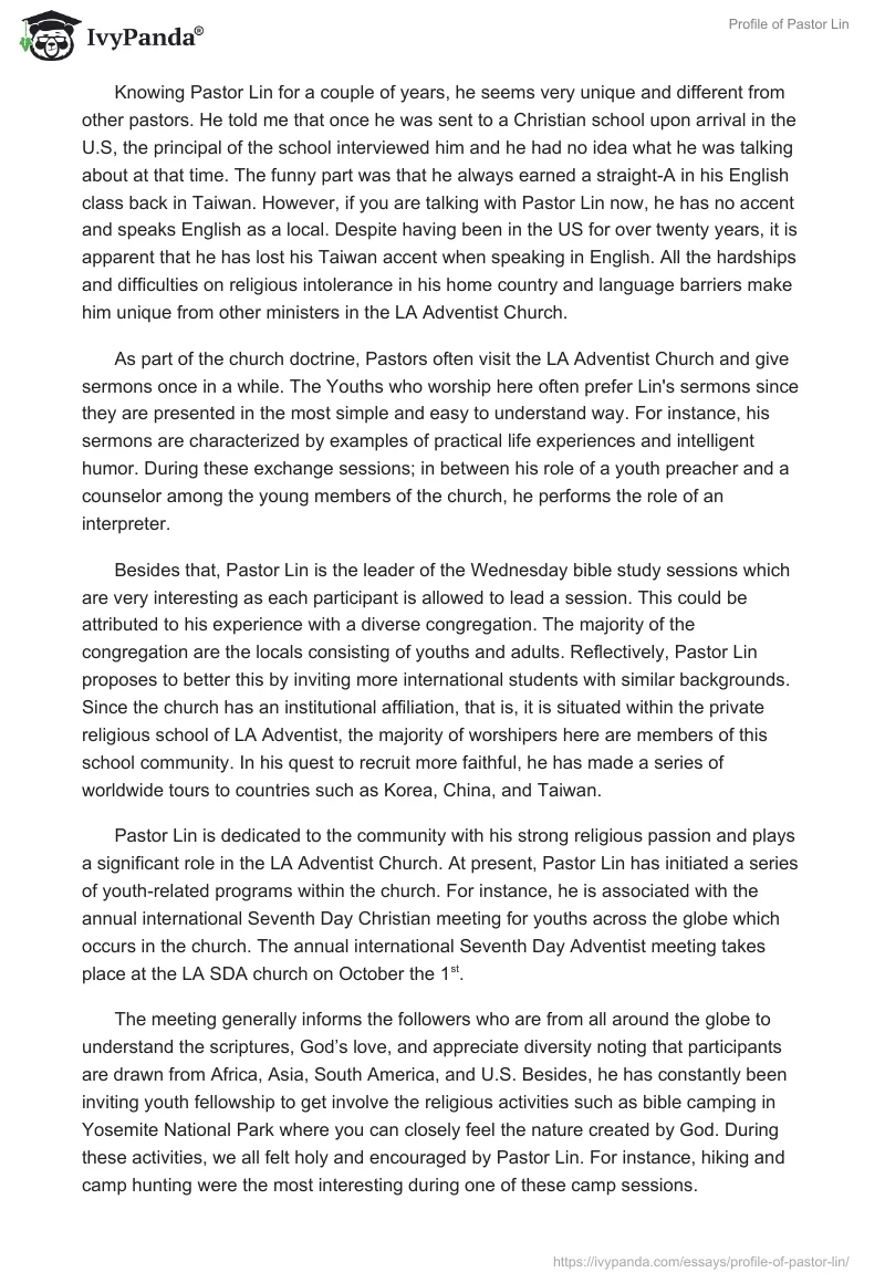 Profile of Pastor Lin. Page 2