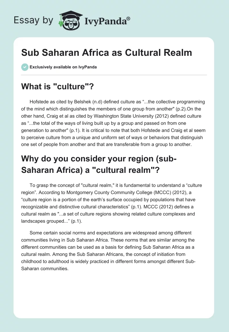 Sub Saharan Africa as Cultural Realm. Page 1
