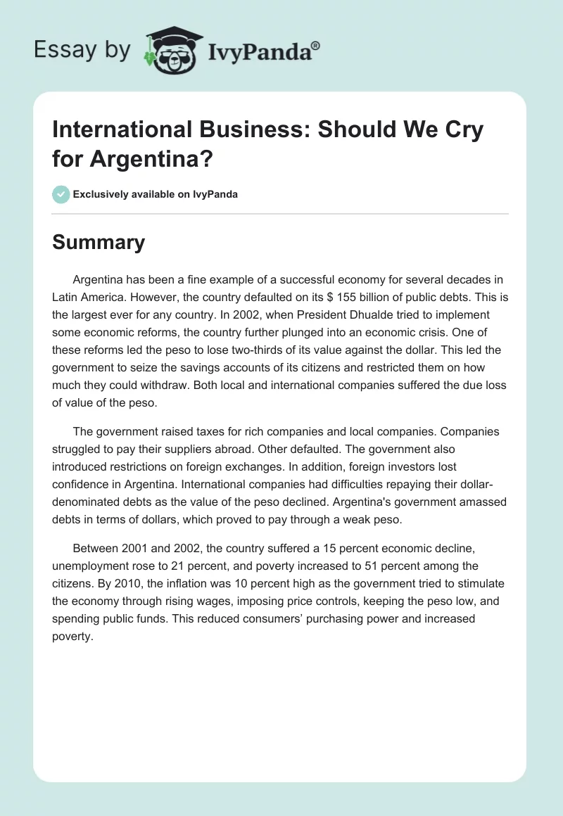 International Business: Should We Cry for Argentina?. Page 1
