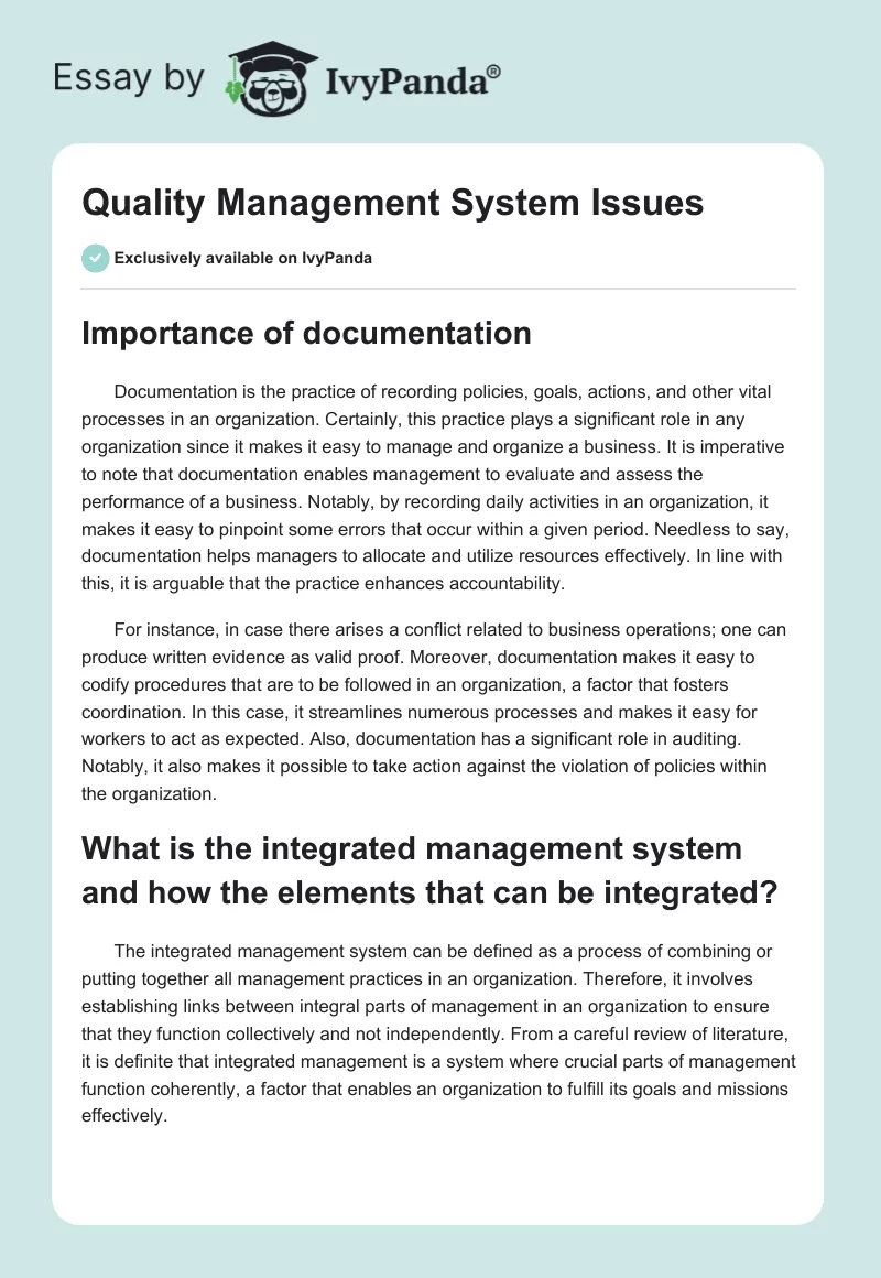 Quality Management System Issues. Page 1