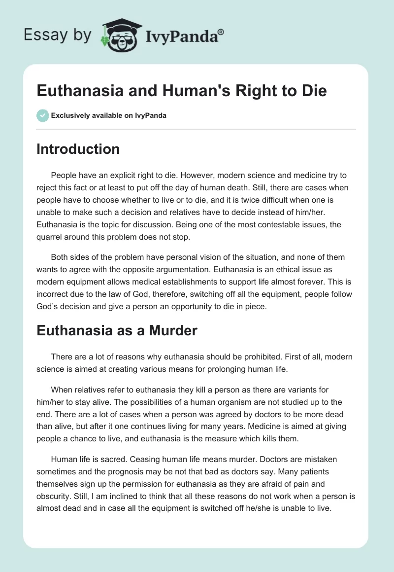 Euthanasia and Human's Right to Die. Page 1