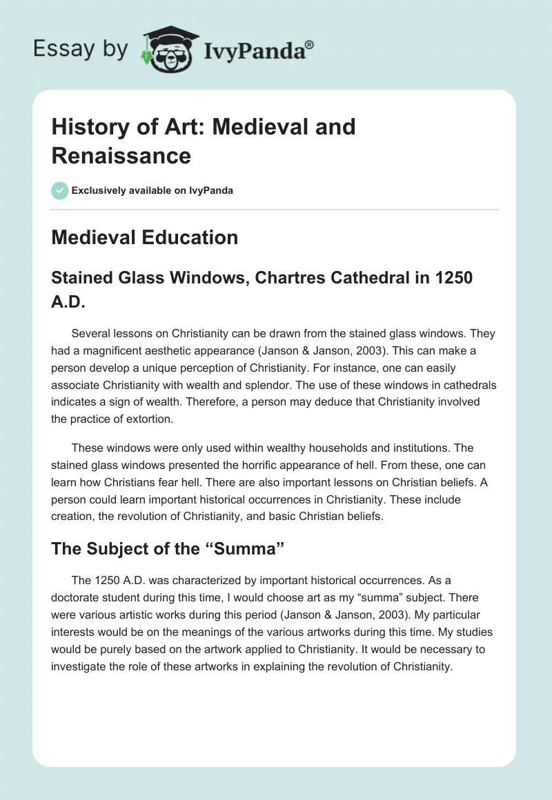 History of Art: Medieval and Renaissance. Page 1
