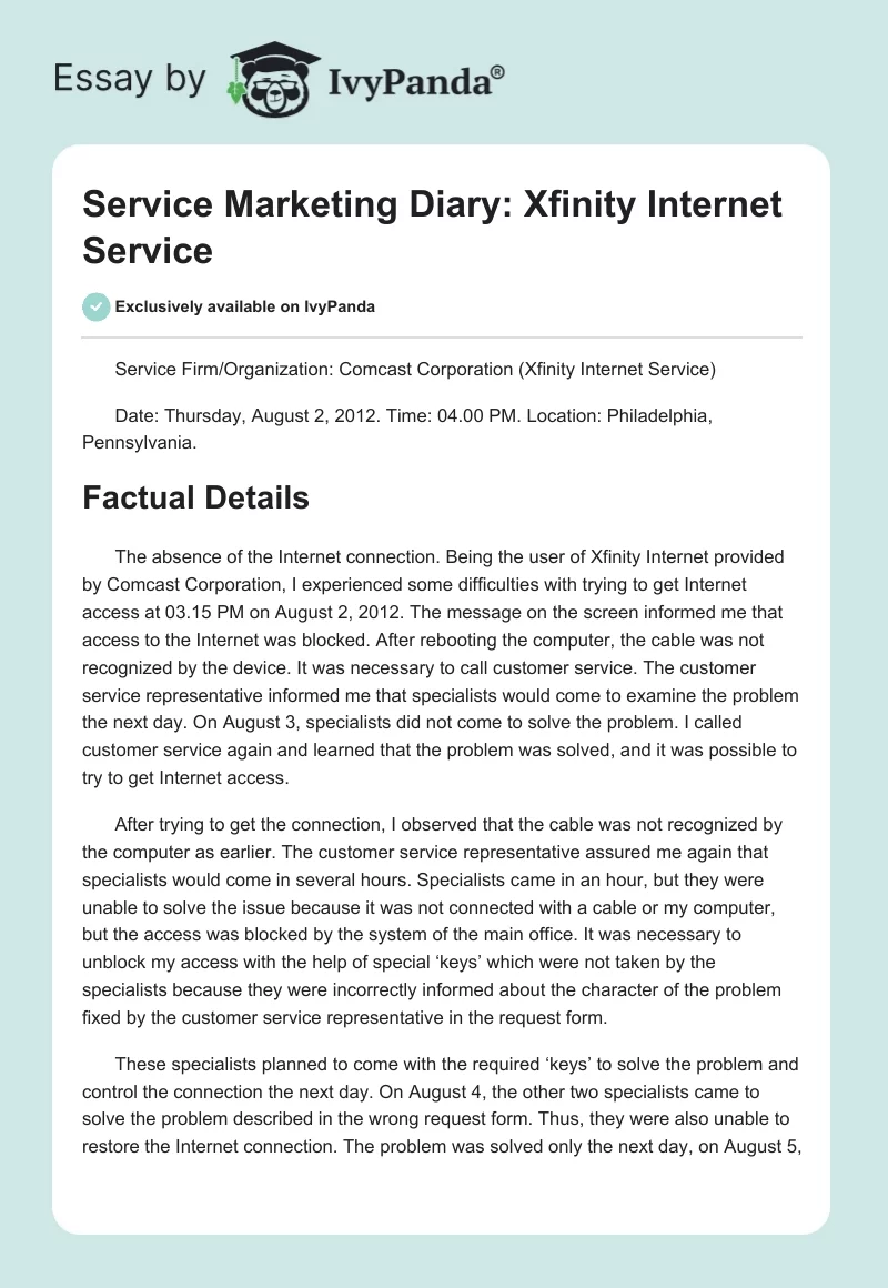 Service Marketing Diary: Xfinity Internet Service. Page 1