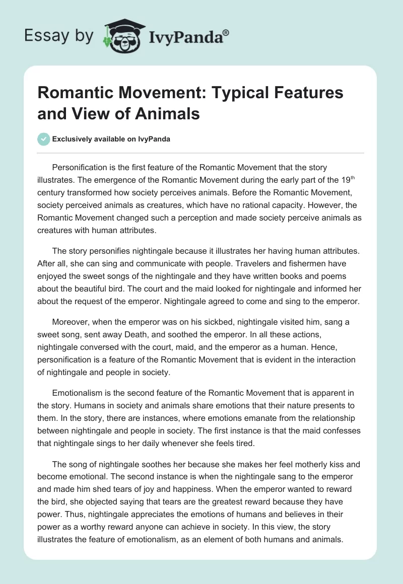 Romantic Movement: Typical Features and View of Animals. Page 1