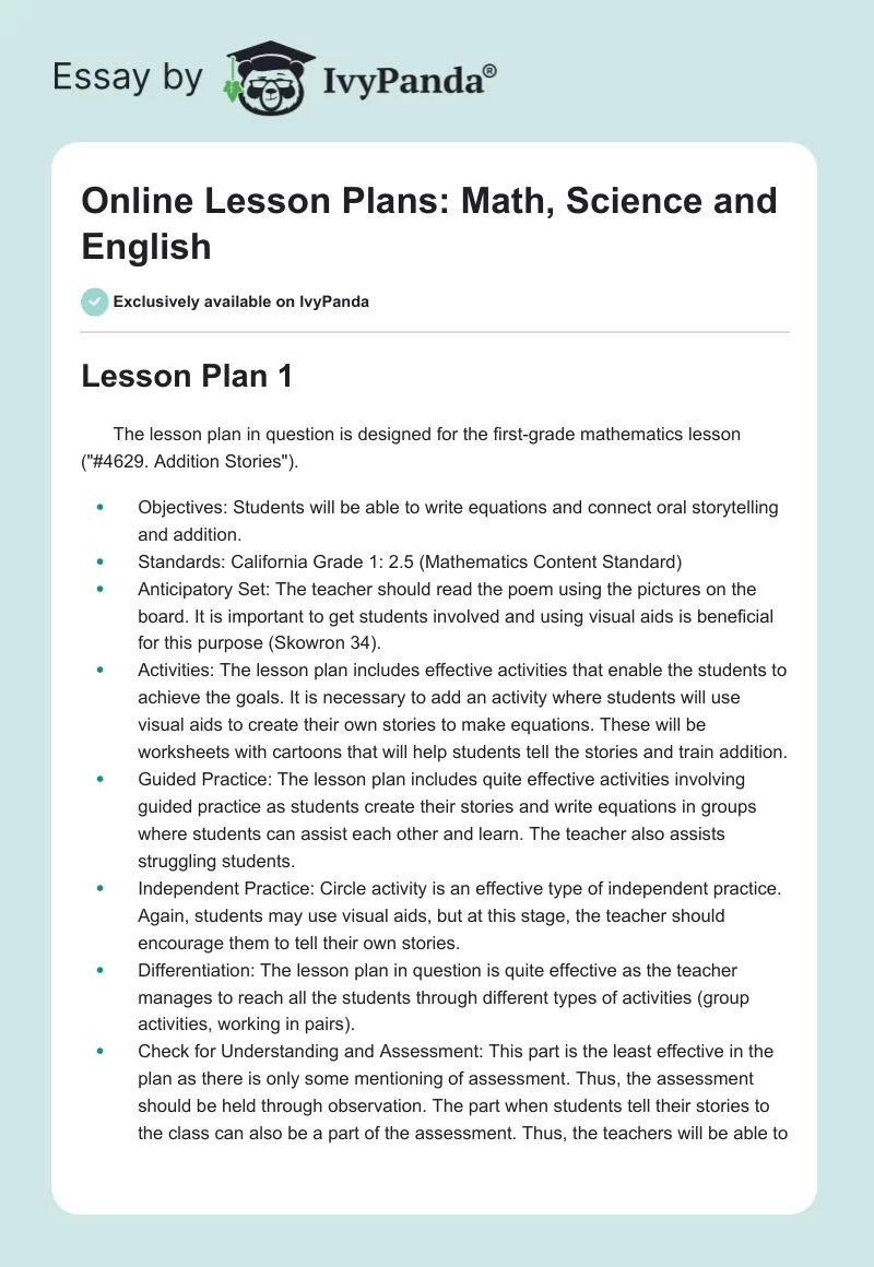 Online Lesson Plans: Math, Science and English. Page 1