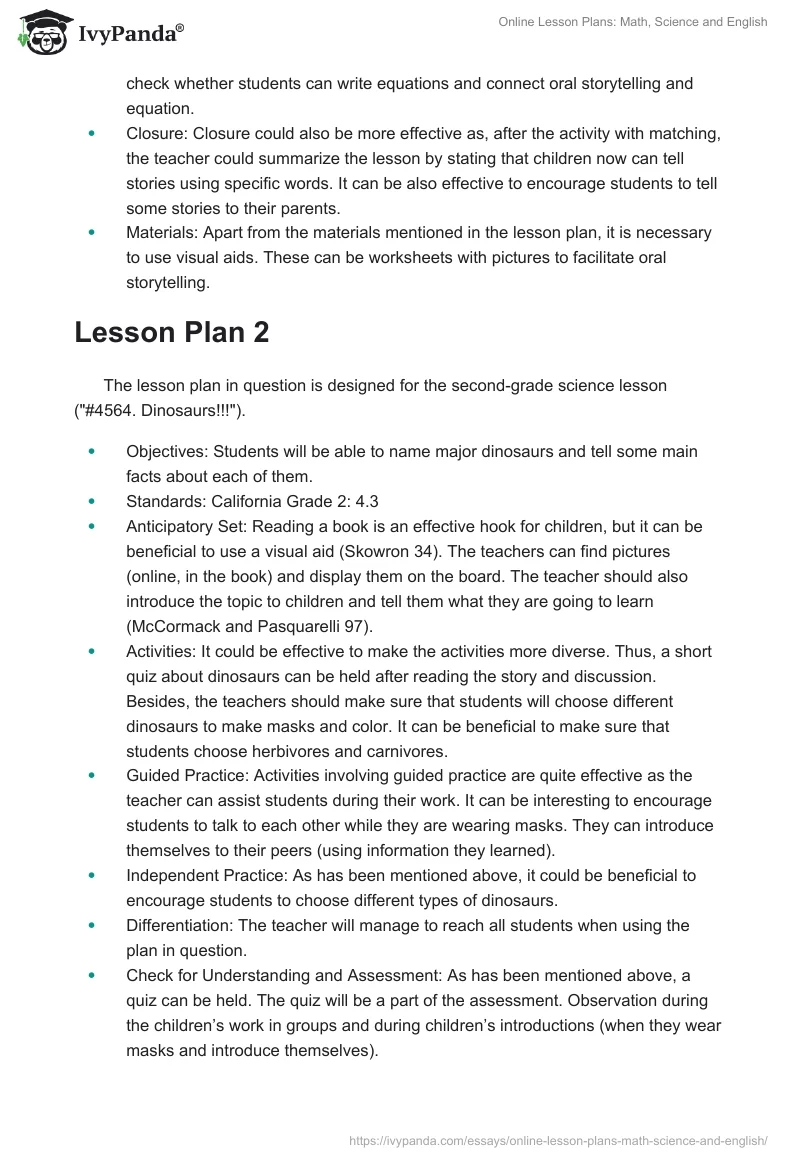Online Lesson Plans: Math, Science and English. Page 2