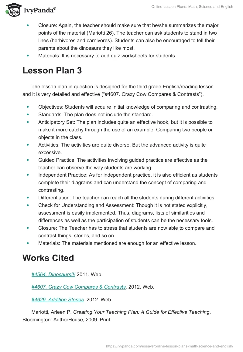 Online Lesson Plans: Math, Science and English. Page 3