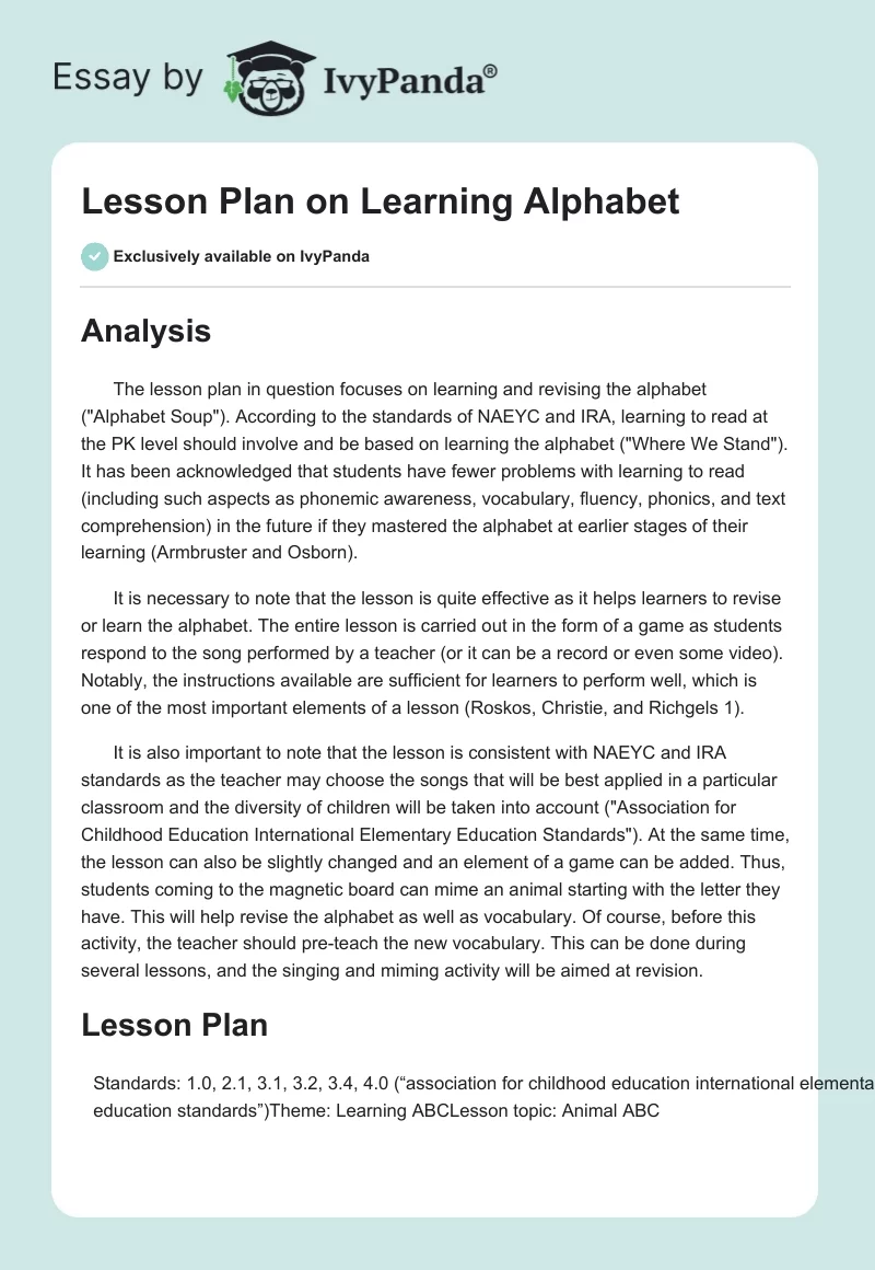 Lesson Plan on Learning Alphabet. Page 1
