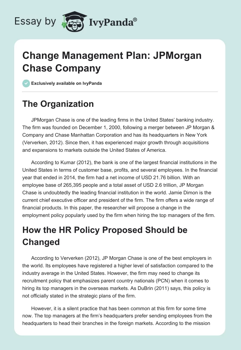 Change Management Plan: JPMorgan Chase Company. Page 1