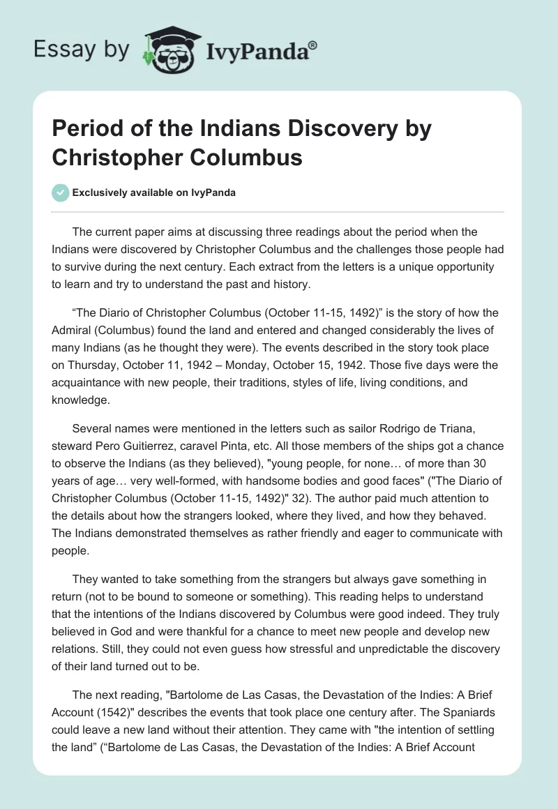 Period of the Indians Discovery by Christopher Columbus. Page 1