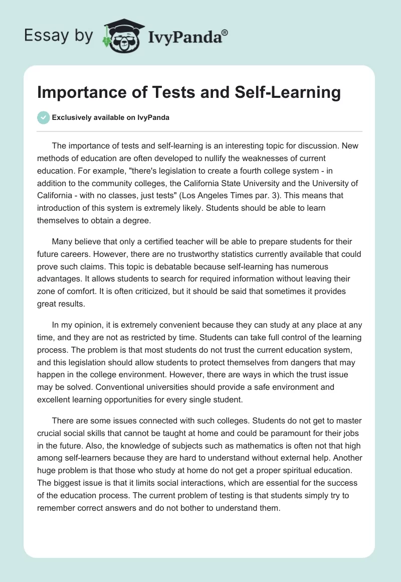 Importance of Tests and Self-Learning. Page 1