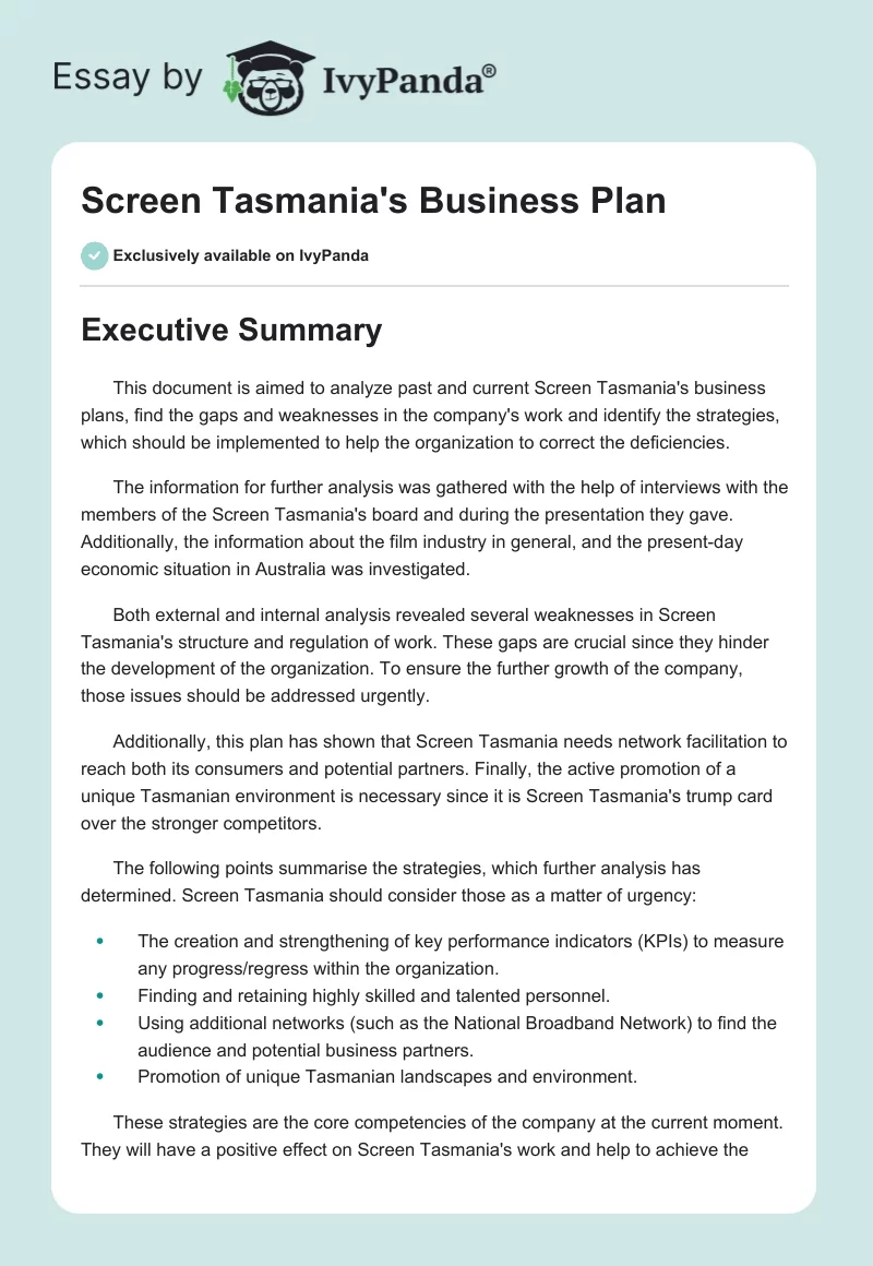Screen Tasmania's Business Plan. Page 1