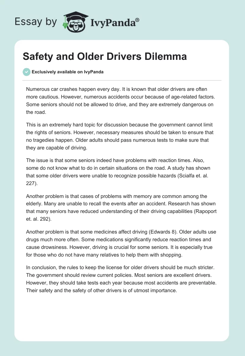 Safety and Older Drivers Dilemma. Page 1