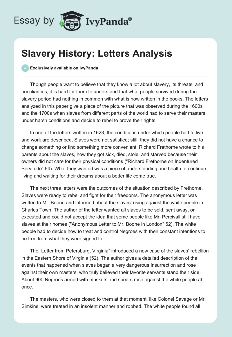 Slavery History: Letters Analysis. Page 1