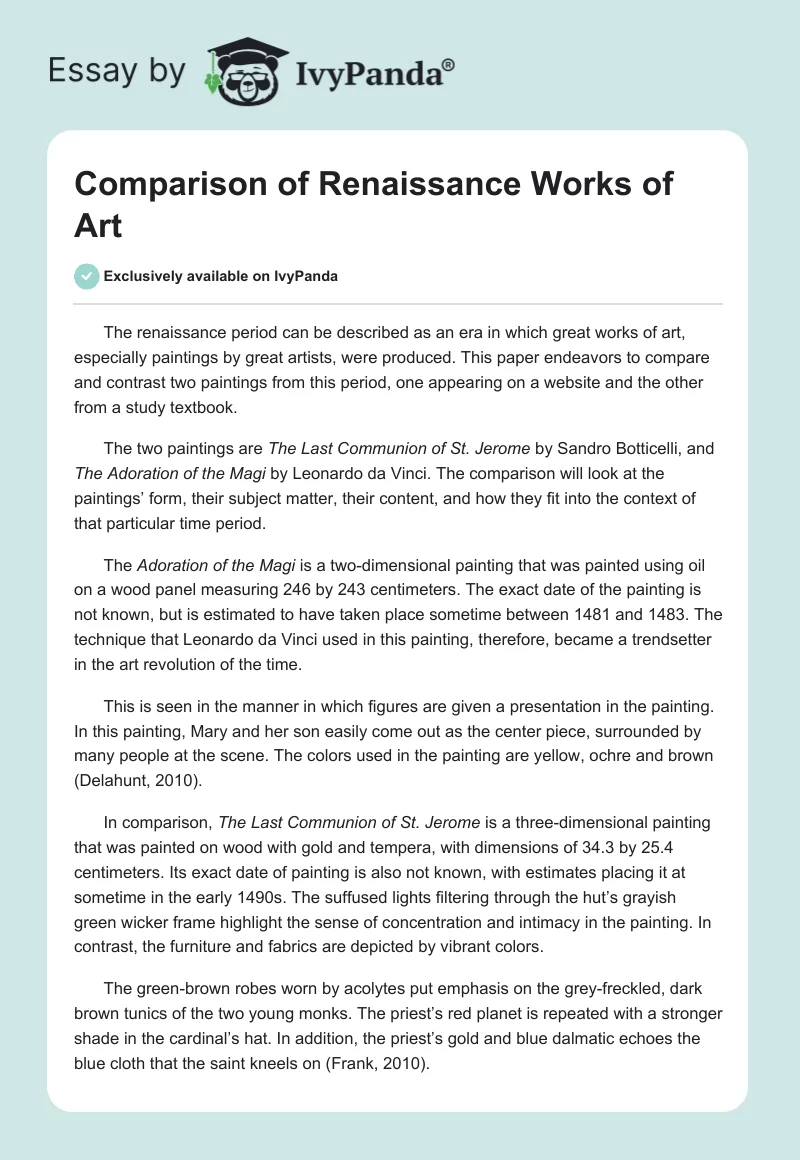 Comparison of Renaissance Works of Art. Page 1