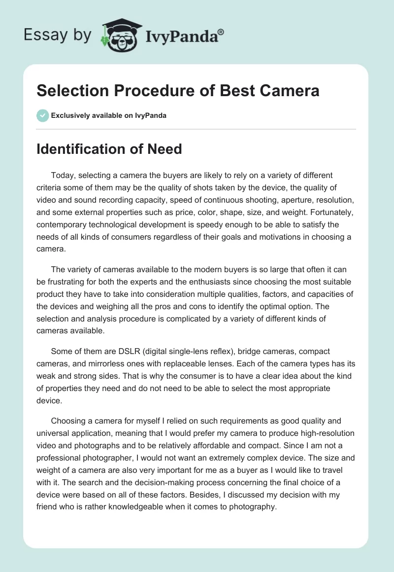 Selection Procedure of Best Camera. Page 1