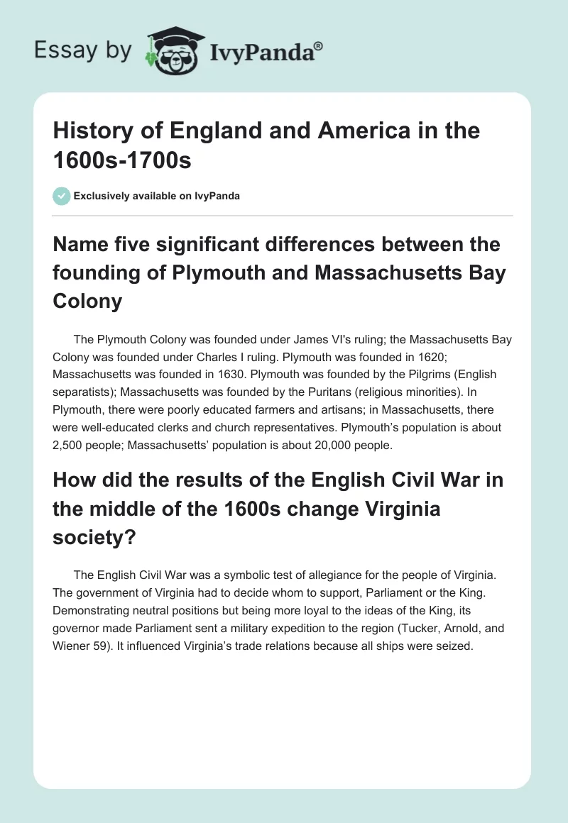 History of England and America in the 1600s-1700s. Page 1
