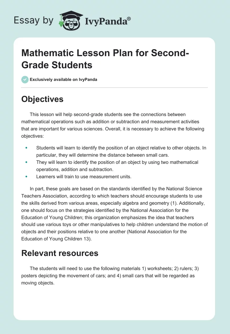 Mathematic Lesson Plan for Second-Grade Students. Page 1