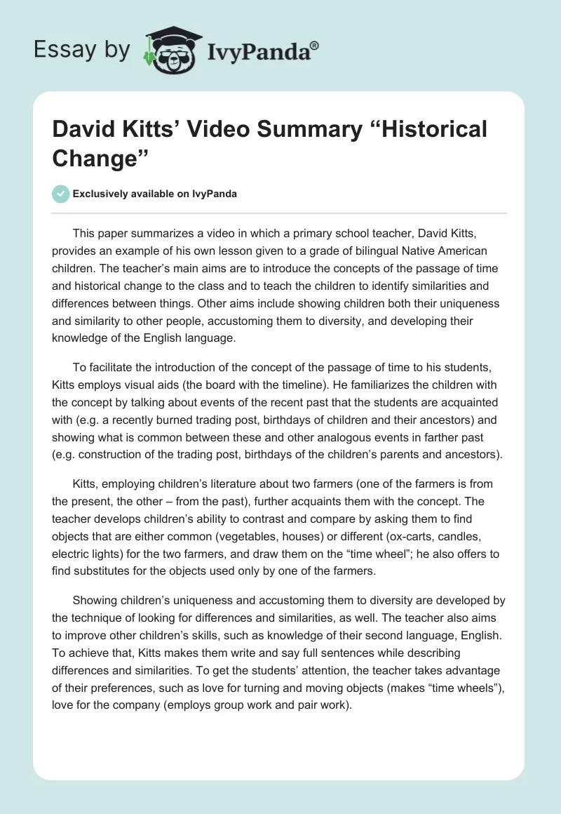 David Kitts’ Video Summary “Historical Change”. Page 1