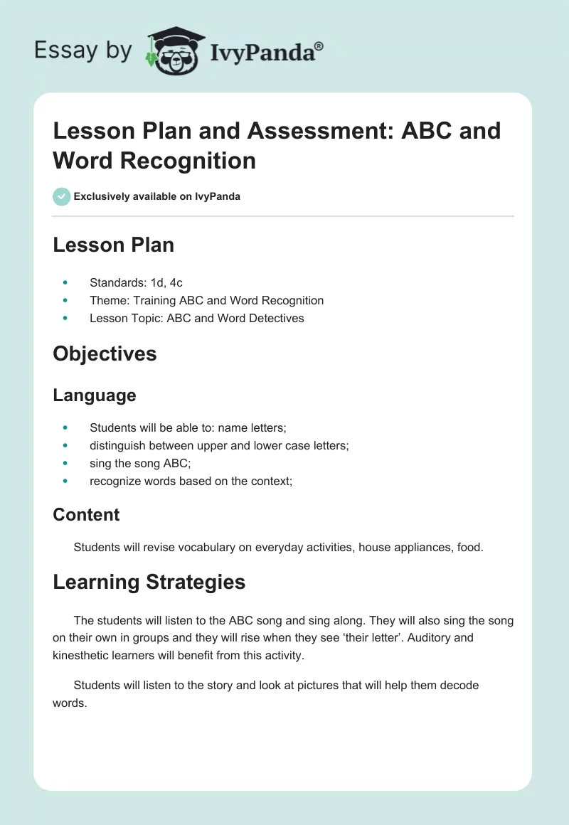 Lesson Plan and Assessment: ABC and Word Recognition. Page 1
