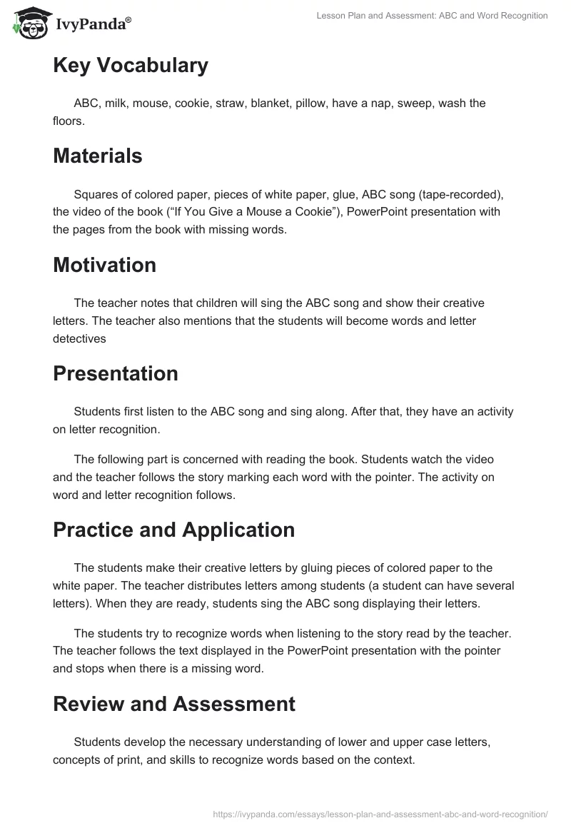 Lesson Plan and Assessment: ABC and Word Recognition. Page 2