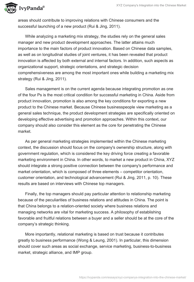 XYZ Company's Integration into the Chinese Market. Page 2