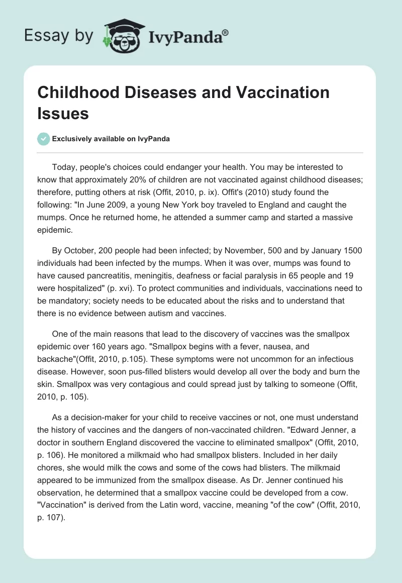 Childhood Diseases and Vaccination Issues. Page 1