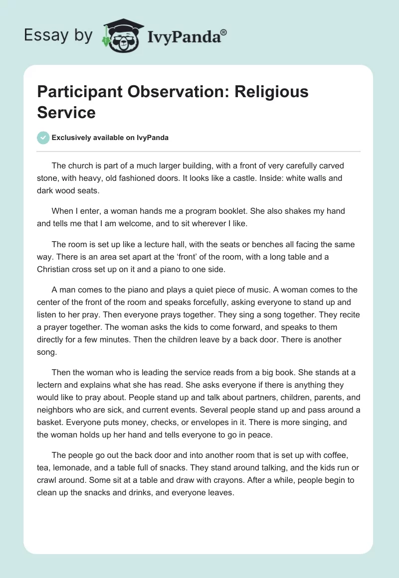Participant Observation: Religious Service. Page 1
