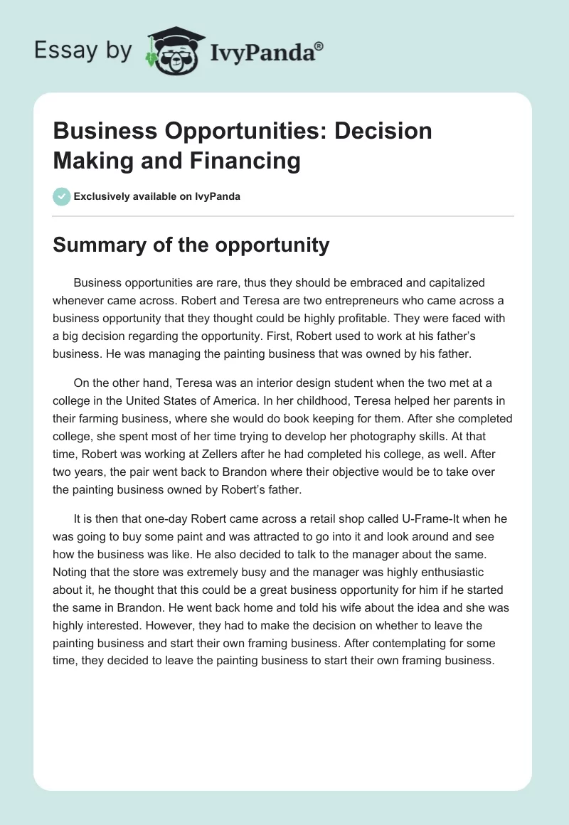 Business Opportunities: Decision Making and Financing. Page 1