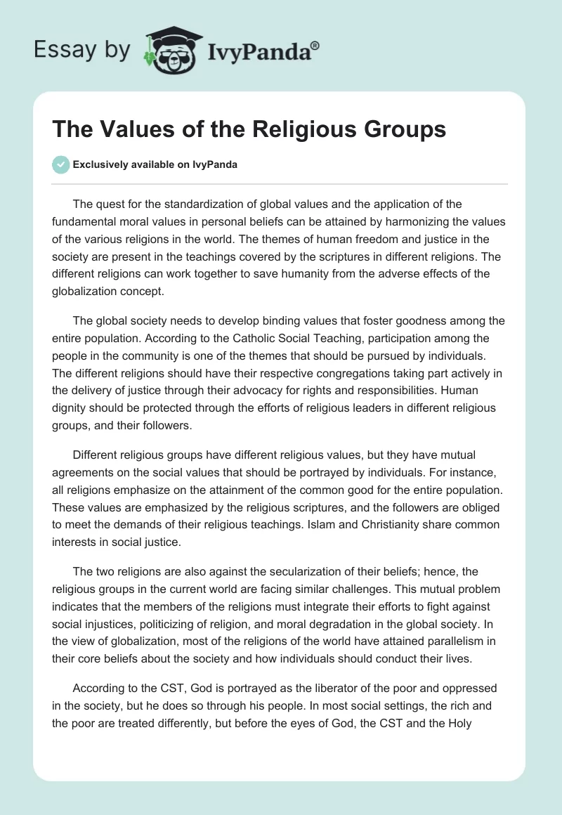 The Values of the Religious Groups. Page 1