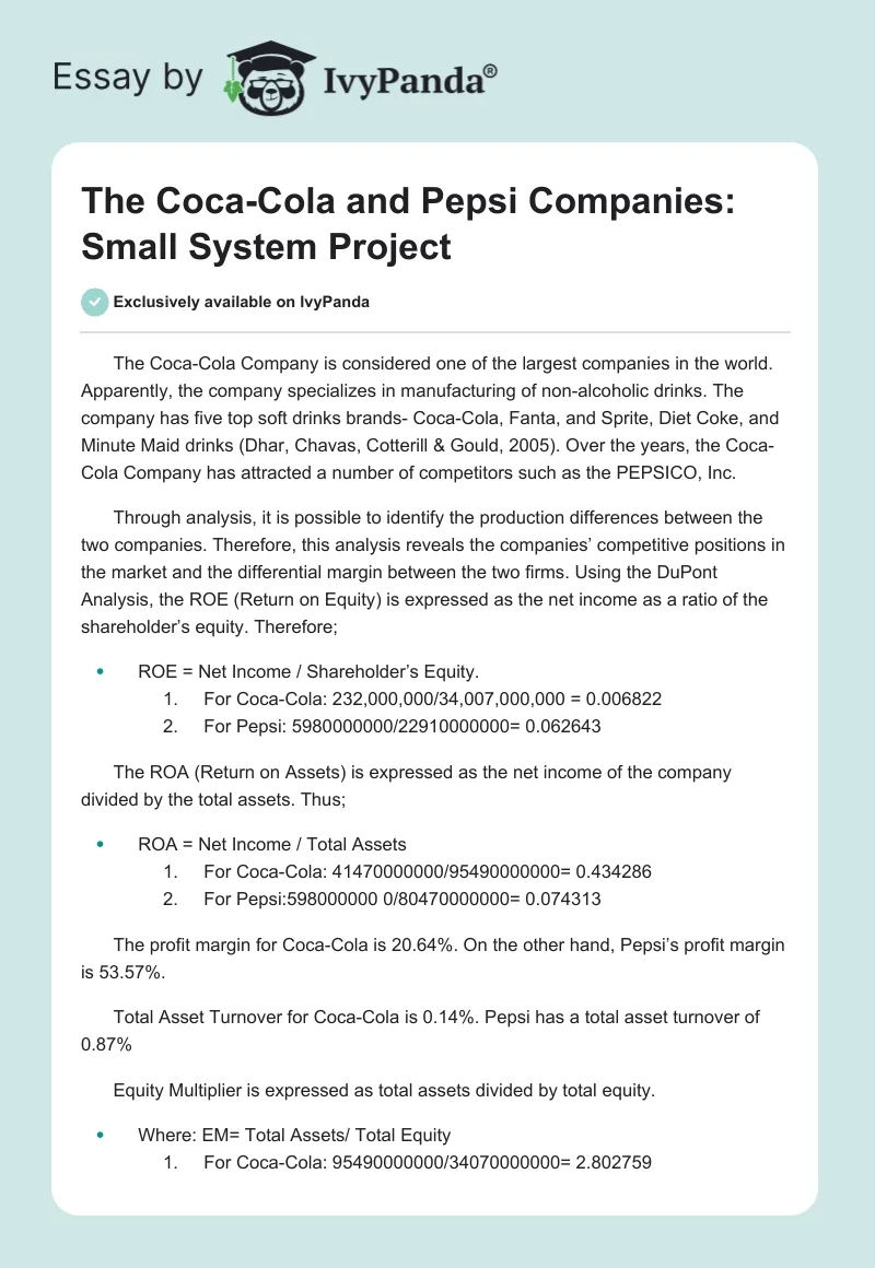 The Coca-Cola and Pepsi Companies: Small System Project. Page 1