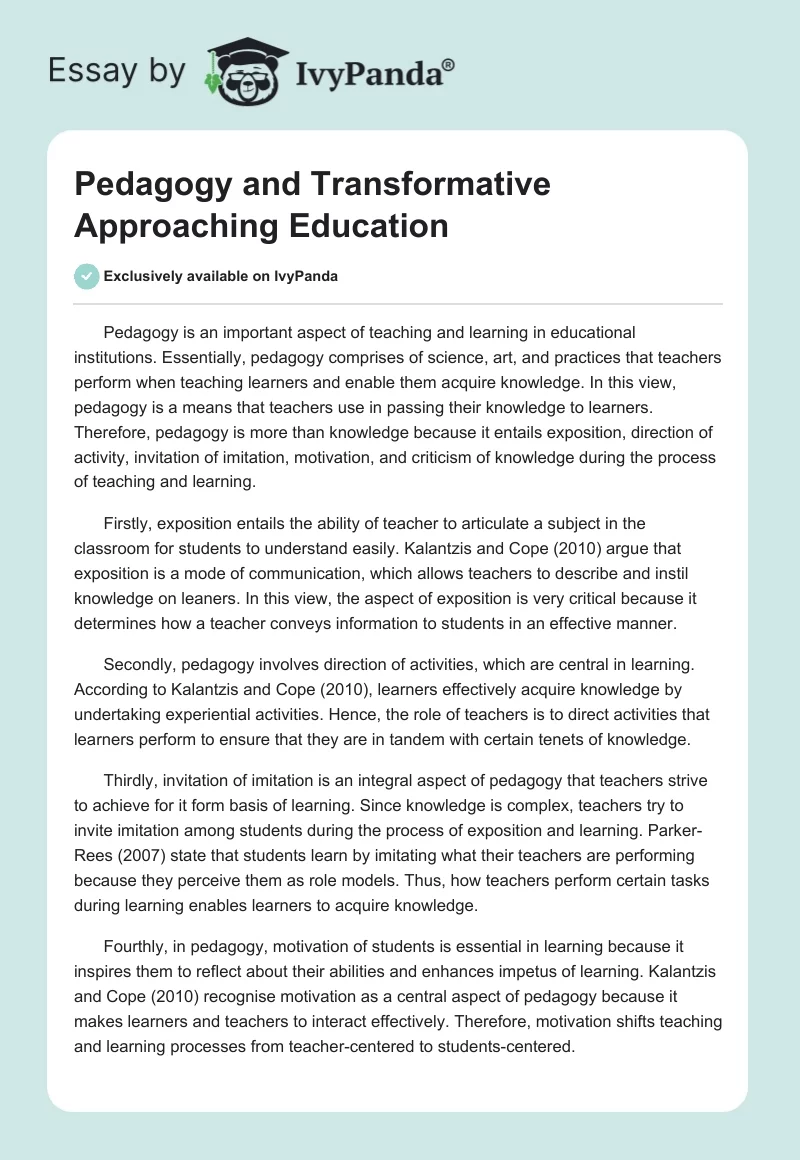 Pedagogy and Transformative Approaching Education. Page 1