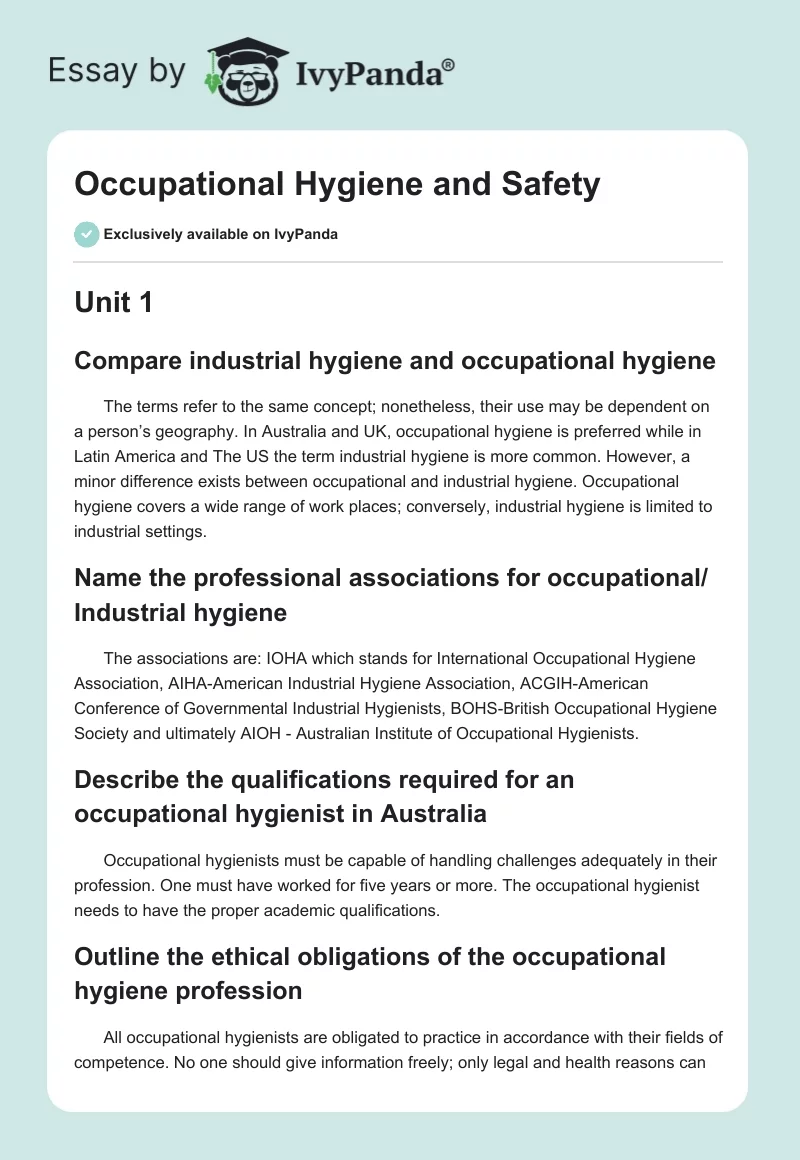 Occupational Hygiene and Safety. Page 1