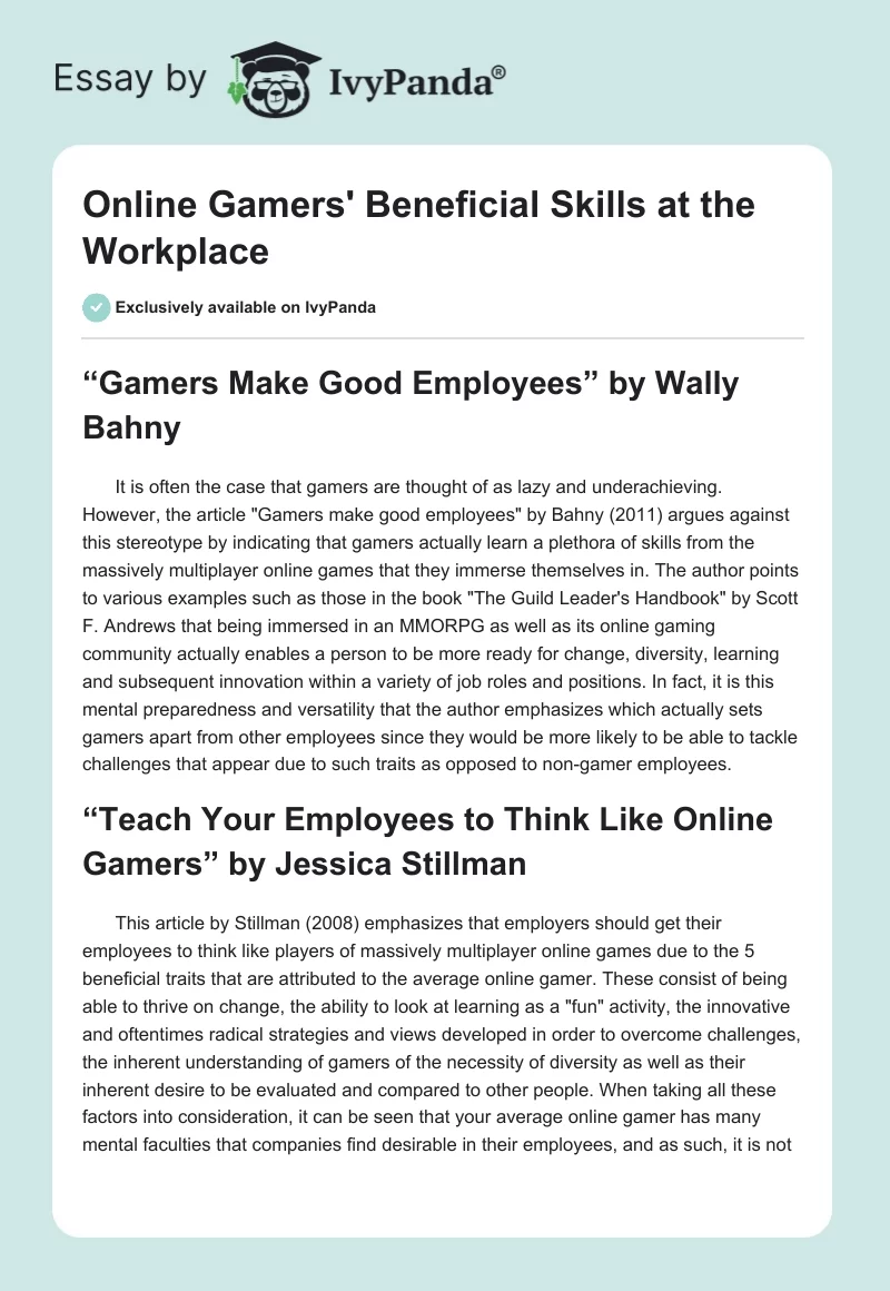 Online Gamers' Beneficial Skills at the Workplace. Page 1