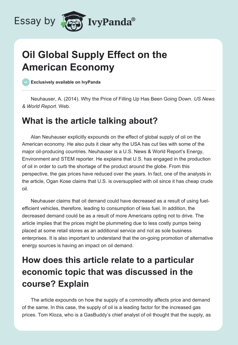 Oil Global Supply Effect on the American Economy. Page 1