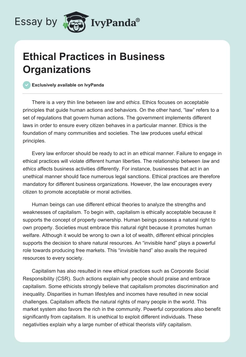 Ethical Practices in Business Organizations. Page 1