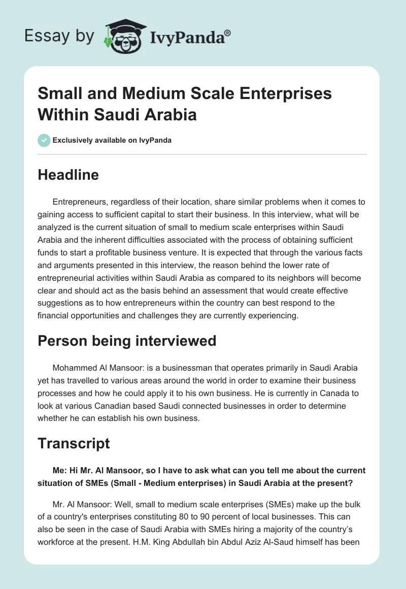 Small and Medium Scale Enterprises Within Saudi Arabia. Page 1